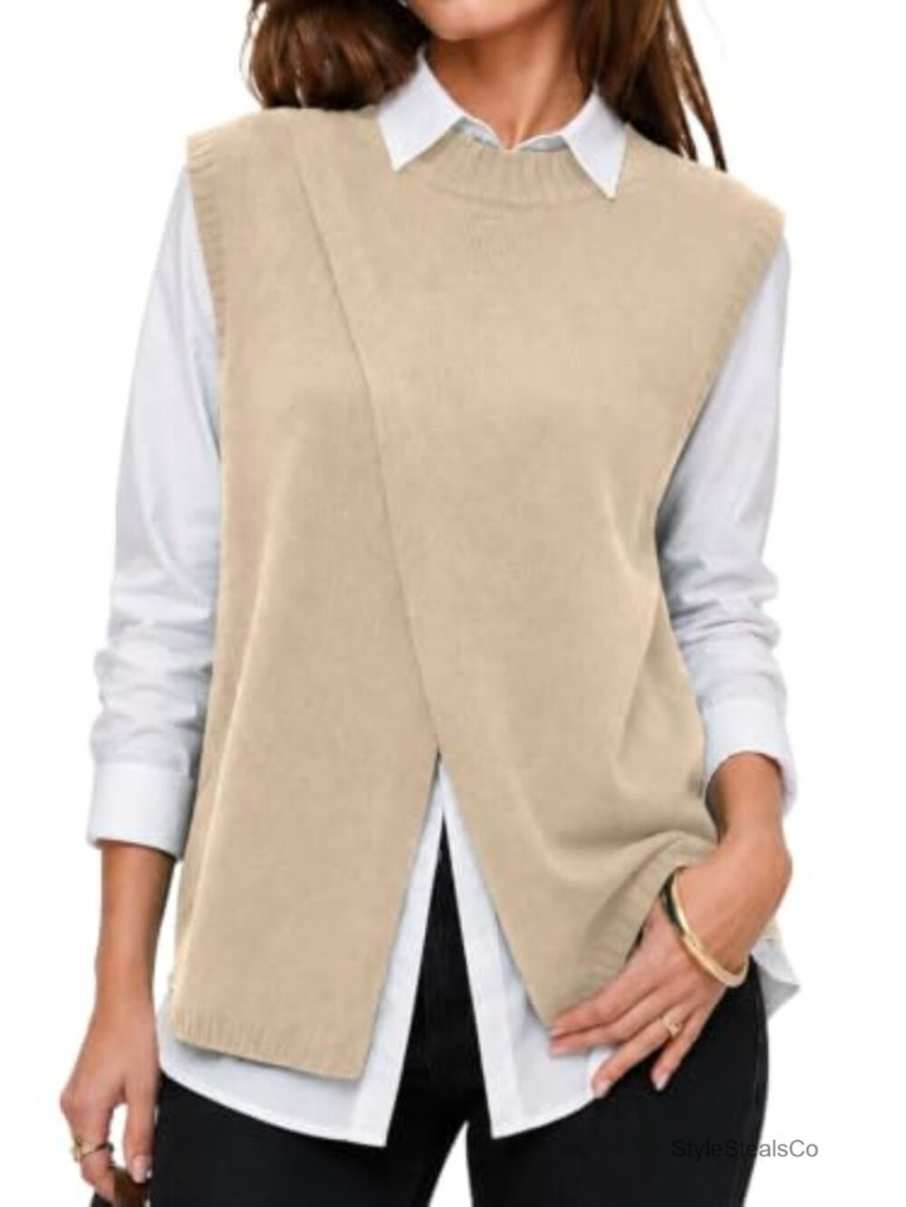 Mock Neck Sleeveless Longline Knit Sweater Vest Business Casual Layering